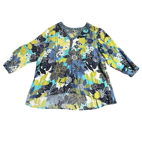 Habitat Tops - Habitat Floral Popover Tunic High Low Hem Women's XL Artsy 3/4 Sleeve Vacation